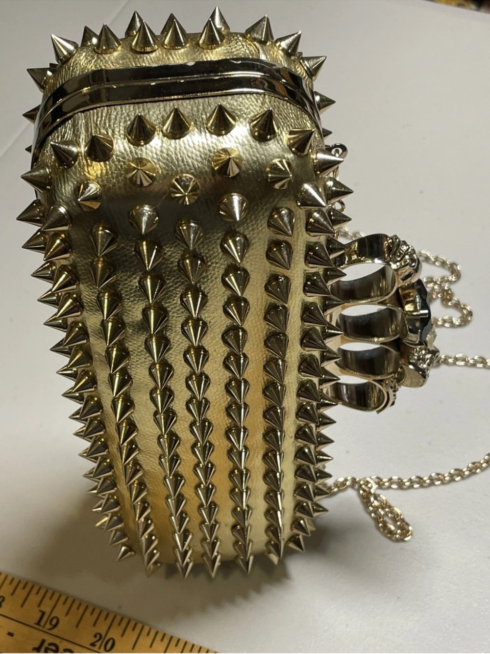 Edgy style Gold Spike Evening Clutch/ crossbody bag with skull knuckle handle - Picture 10 of 13